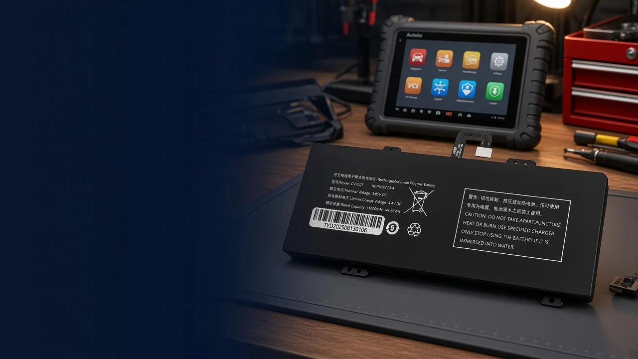 Autel diagnostic scanner replacement battery shown on a workshop bench with the battery label visible and connector tabs exposed.